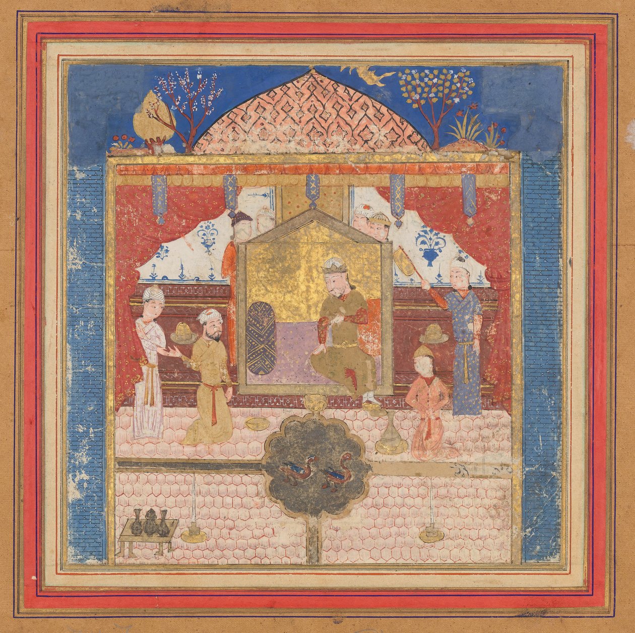 Khusrau Parveez Przed ojcem Hurmuzdem, Folio z Szahnamy..., ca. 1430-40. autorstwa Unbekannt