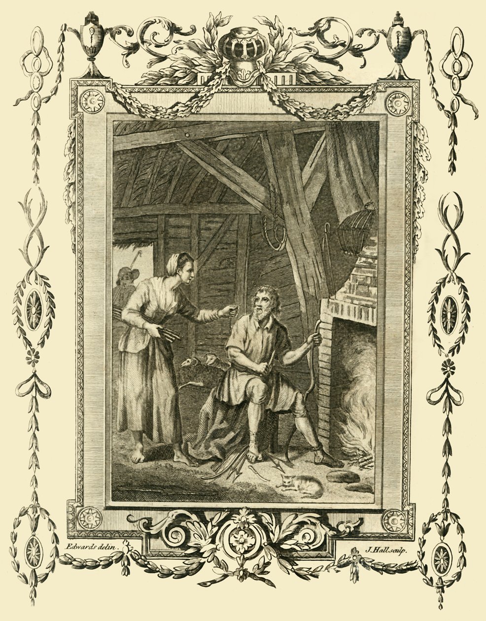 Król Alfred w przebraniu skarcony przez żonę schludnego stada za pozwolenie na spalenie ciastek, c878, 1783. autorstwa Unbekannt