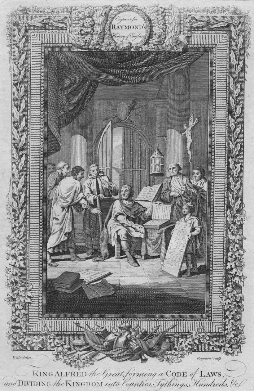 Król Alfred Wielki, tworzący kodeks praw i dzielący królestwo na hrabstwa, c1787 autorstwa Unbekannt