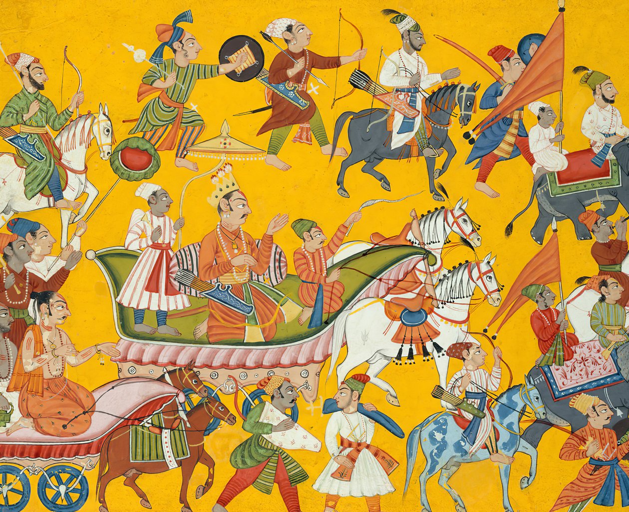 Król Dasaratha i jego orszak udają się na wesele Ramasa: Folio z Shangri..., ca. 1690-1710. autorstwa Unbekannt