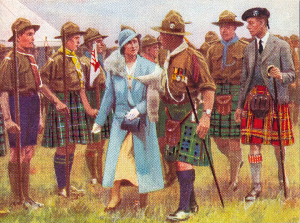 Król Jerzy VI i królowa Elżbieta przeprowadzają inspekcję zwiadowców w Portree na wyspie Skye c1935 autorstwa Unbekannt