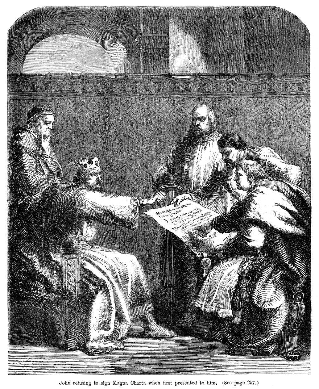 Król Jan 1167-1216 odmówił podpisania Magna Carta, gdy po raz pierwszy mu przedstawiono, 1215 autorstwa Unbekannt