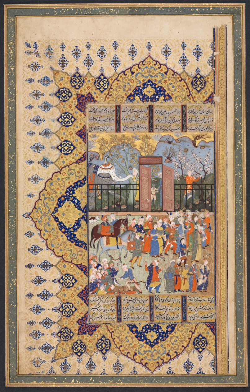 Król Luhrasp wstępuje na tron: Proceson przybywa na dziedzińcu Recto..., c. 1560-80. autorstwa Unbekannt