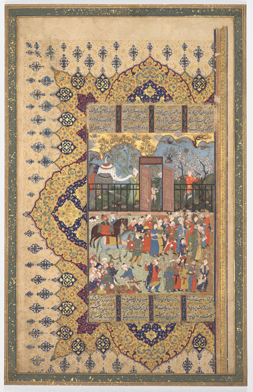 Król Luhrasp wstępuje na tron: Proceson przybywa na dziedzińcu Recto..., c. 1560-80. autorstwa Unbekannt