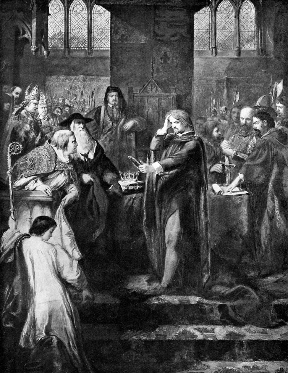 Król Ryszard II rezygnujący z korony kuzynowi Bolingbroke, 1399, c1920 autorstwa Unbekannt