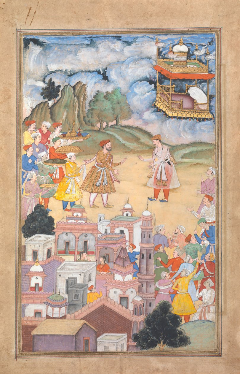 Król Sal odwiedza Kala Yavanę, Folio z Harivamsa Legend of Hari Krishna, K. 1590-95. autorstwa Unbekannt