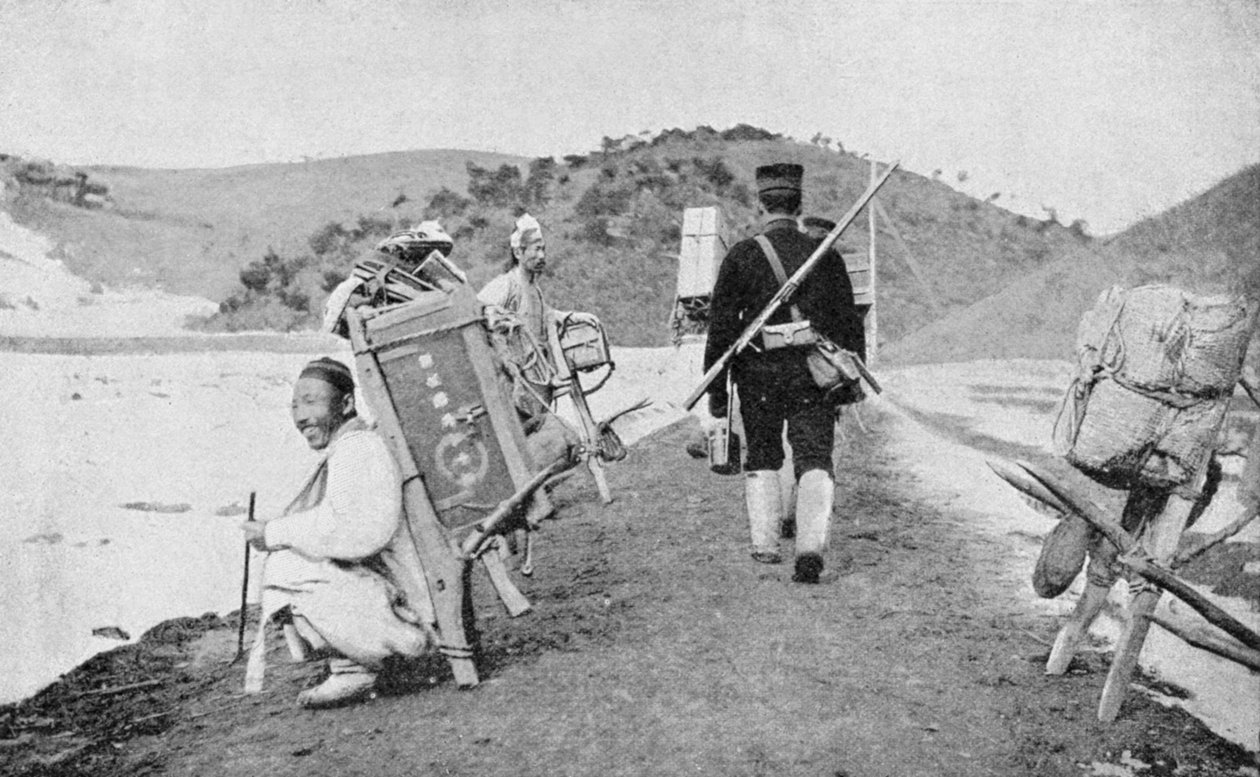 Koreańscy kulisy pełniący rolę tragarzy japońskich żołnierzy, wojna rosyjsko-japońska, 1904-5 autorstwa Unbekannt