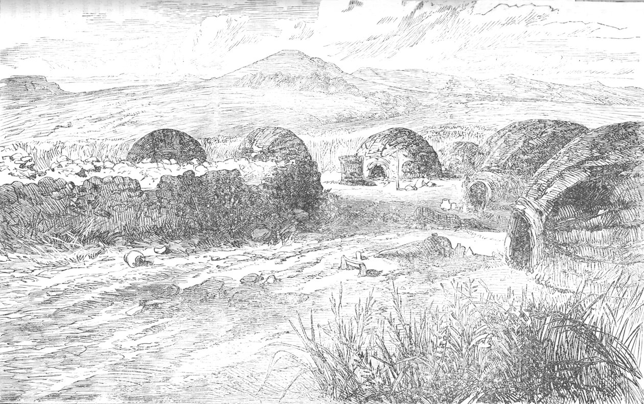 Kraal, w którym książę Ludwik Napoleon i jego partia zostali odsiodłani i zwolnieni, ok. 1880 r. autorstwa Unbekannt