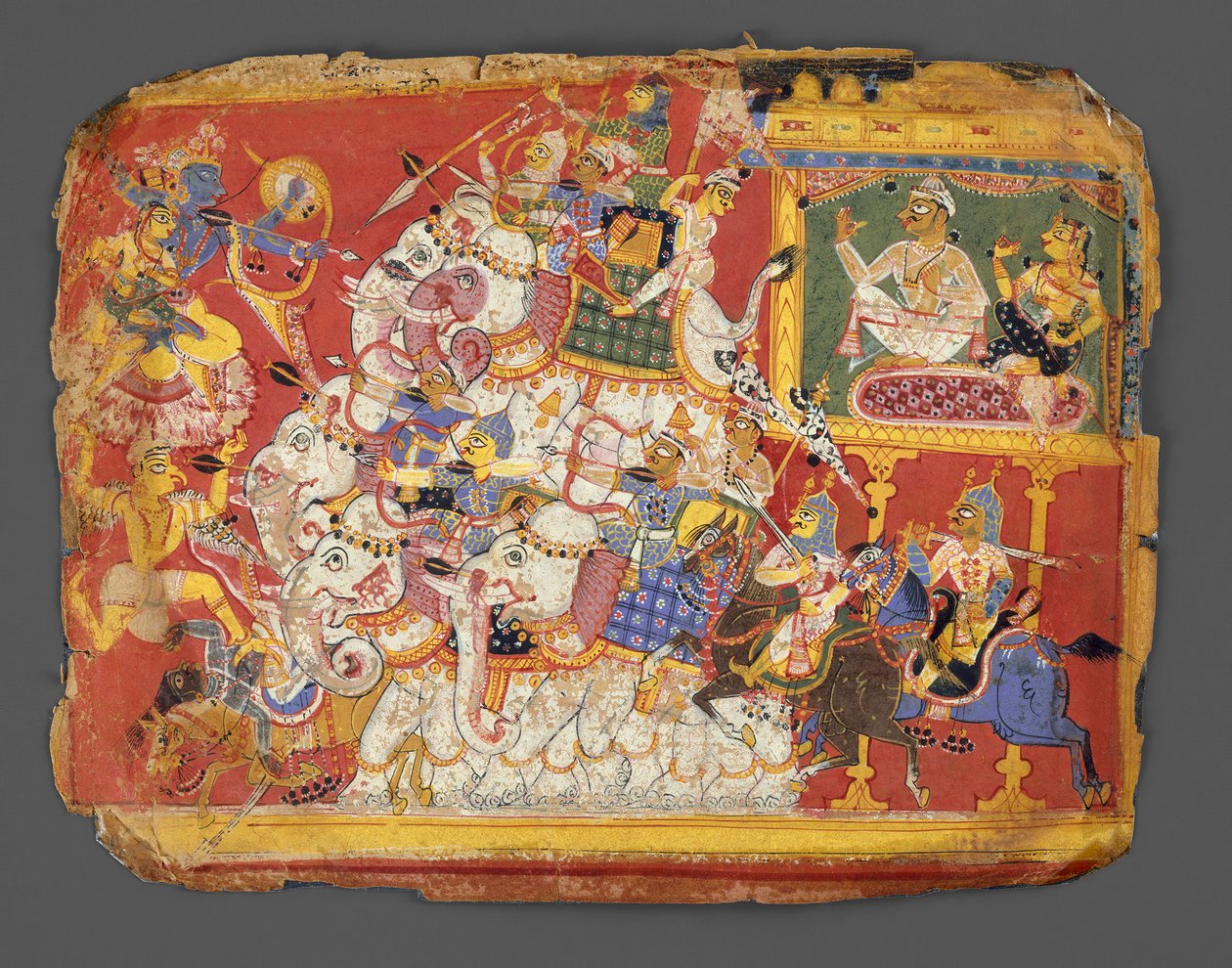 Krishna walczy z armiami demona Naraka: Strona z rękopisu Bhagavata Purana, ca. 1540. autorstwa Unbekannt