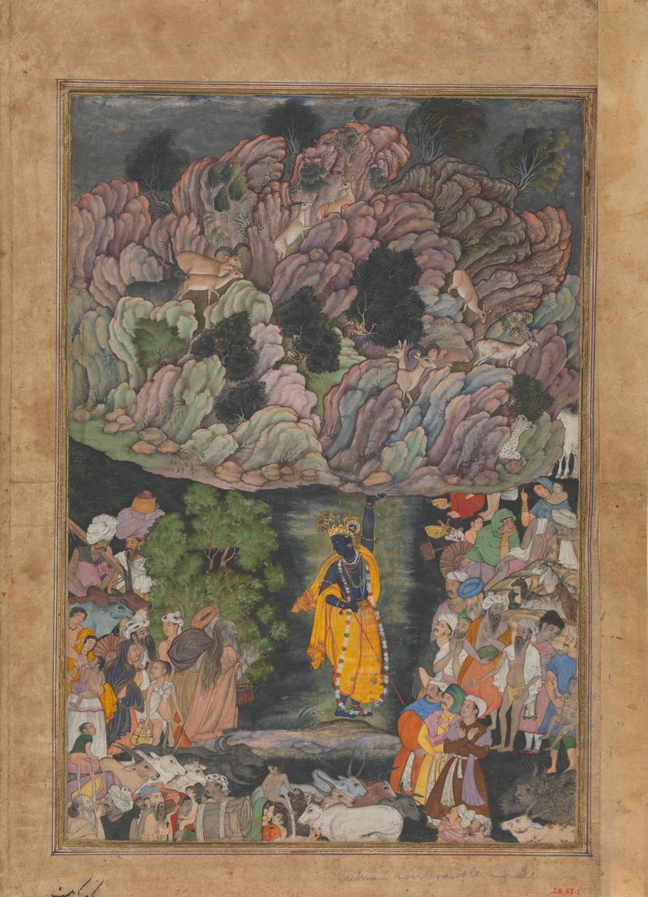 Krishna trzyma górę Govardhan, aby schronić mieszkańców Braj, Folio z..., ca. 1590-95. autorstwa Unbekannt