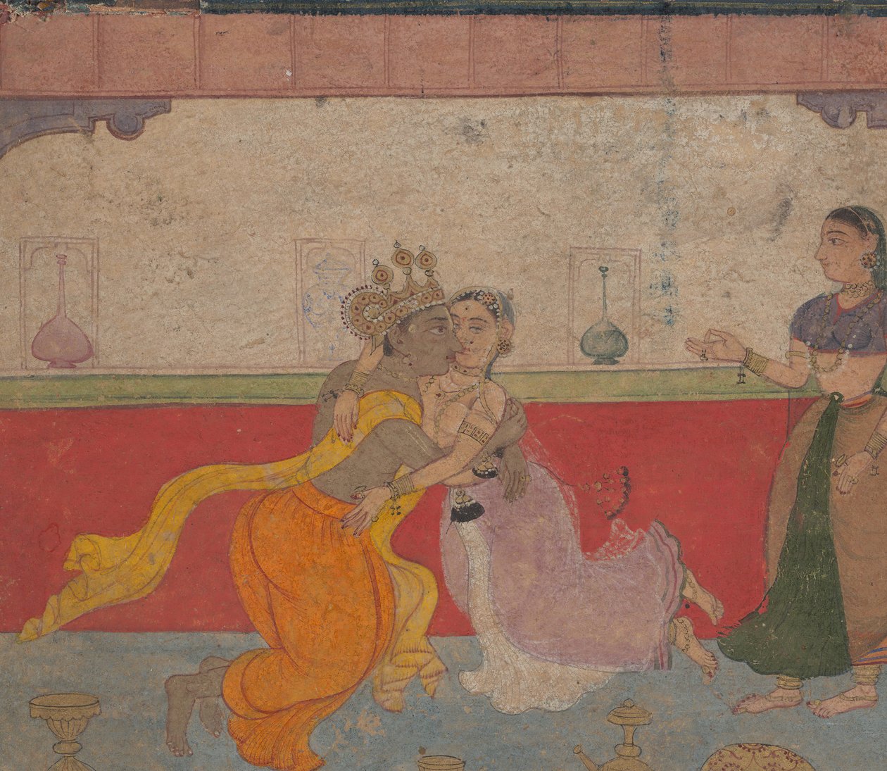 Krishna Kisses Radha: Strona z bostońskiego brewiarza Rasikapriya Lovers, ok. 1610. autorstwa Unbekannt