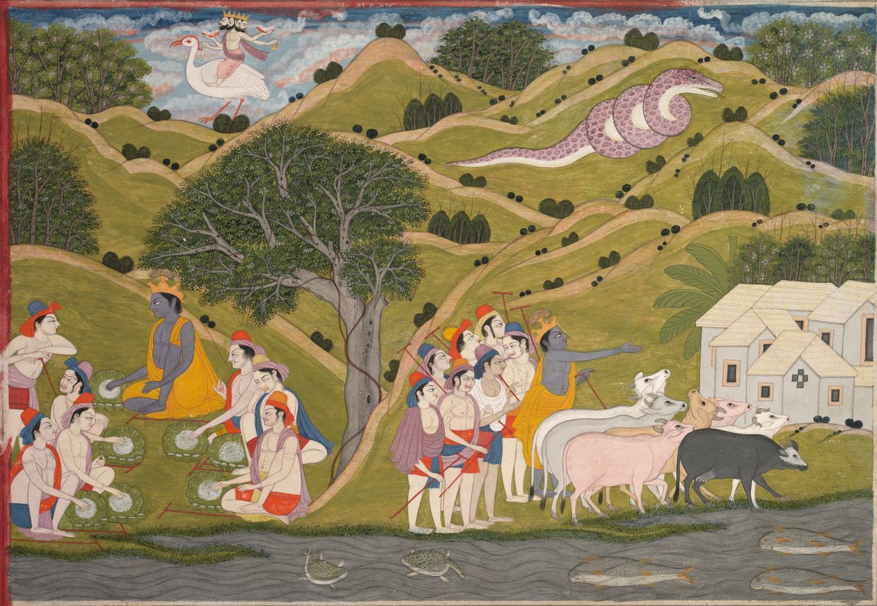 Krishna wraca z pasterzami do Bradż, z Bhagavata Purany, ok. 1930. 1830. autorstwa Unbekannt
