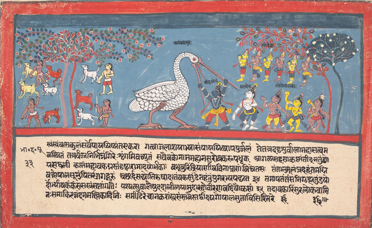 Kryszna zabija Bakasurę, demona żurawia... z rozproszonej Bhagavata Purany..., 1800-1825. autorstwa Unbekannt
