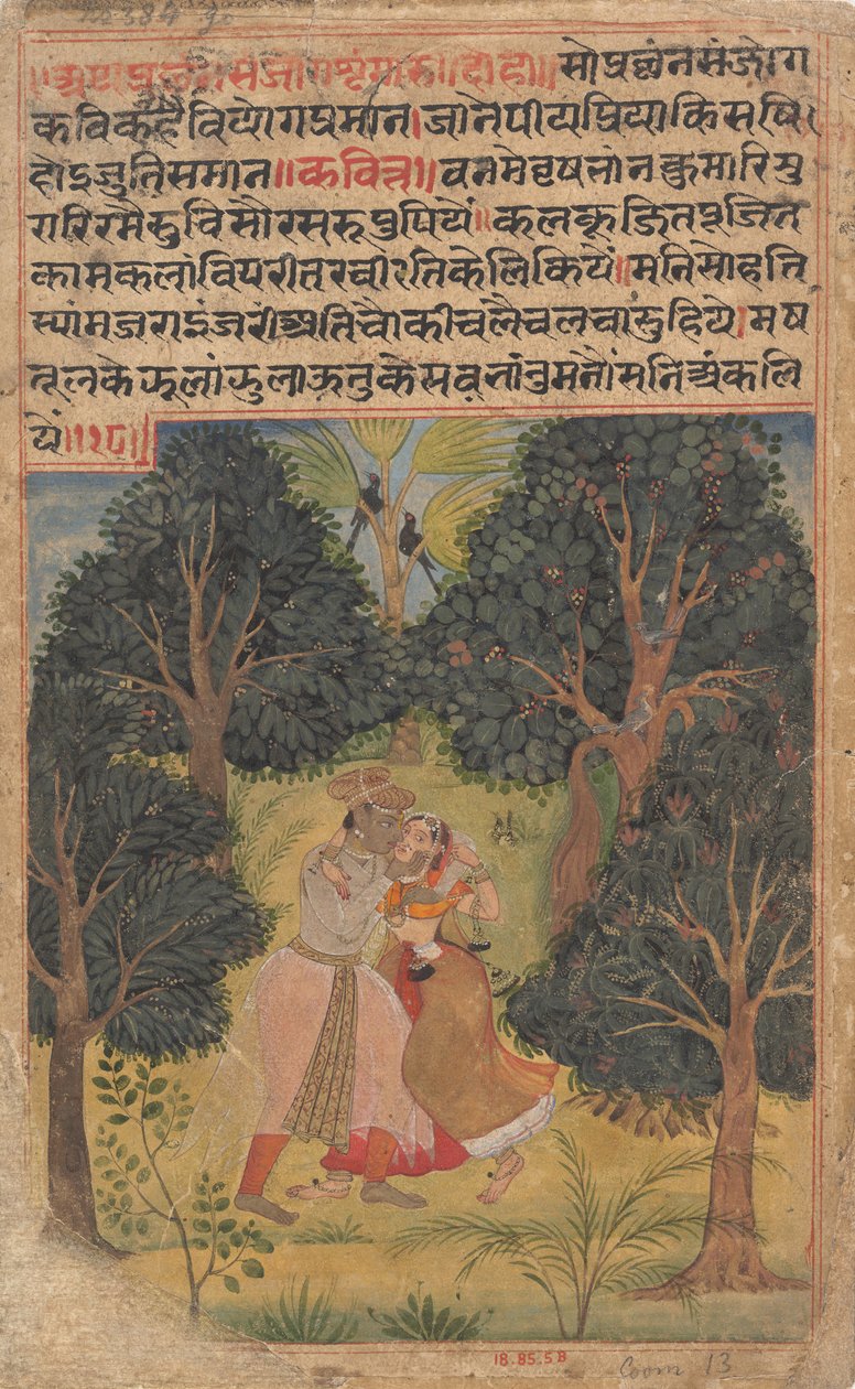 Krishna Woos Radha: Strona z Dispersed Boston Rasikapriya Lovers Breviary, ca. 1610. autorstwa Unbekannt