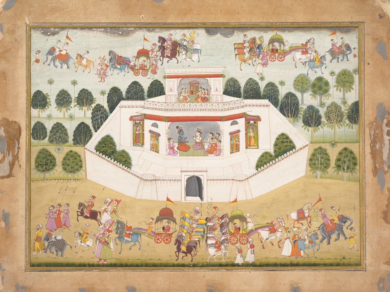 Kryszna i Balarama w obrębie otoczonego murem pałacu: Strona z rozproszonej Bhagavata Purany..., ca. 1700. autorstwa Unbekannt