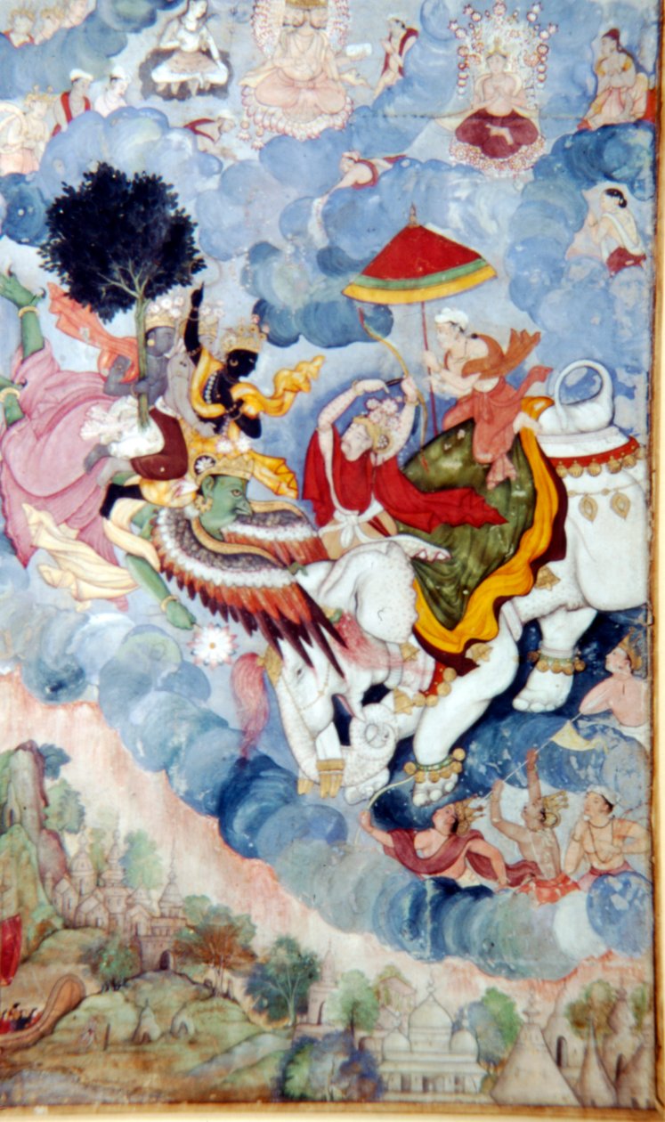 Krishna, dosiadający ptaka-boga Garudy, walczy z Bogiem, Indrą na słoniu, ok. 1590 r. autorstwa Unbekannt