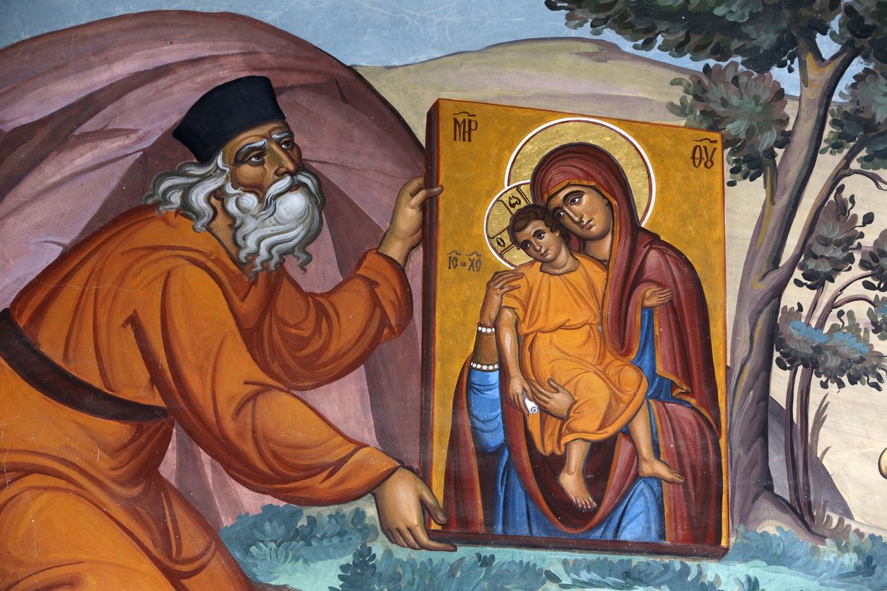 Klasztor Kykkos, Cypr. Fresk. Mnich niosący świętą ikonę, 20150510, Pedoulas, Cypr autorstwa Unbekannt