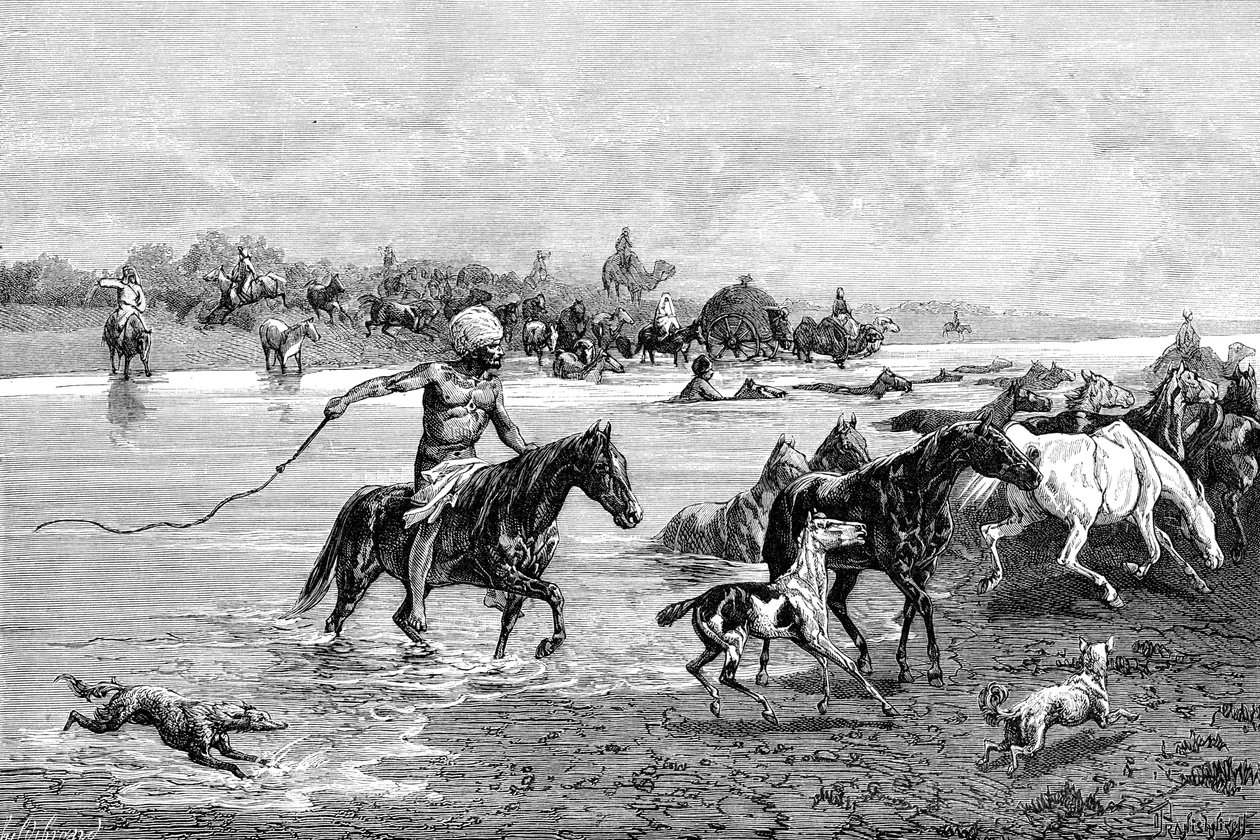 Kirgizi przeprawiający się przez rzekę, Kirgistan, 1895 autorstwa Unbekannt