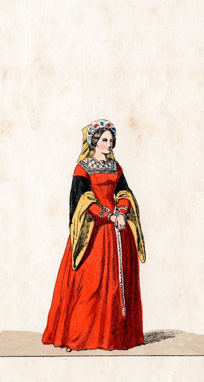 Dama dworu, projekt kostiumu do sztuki Szekspira Henryk VIII, XIX w. autorstwa Unbekannt