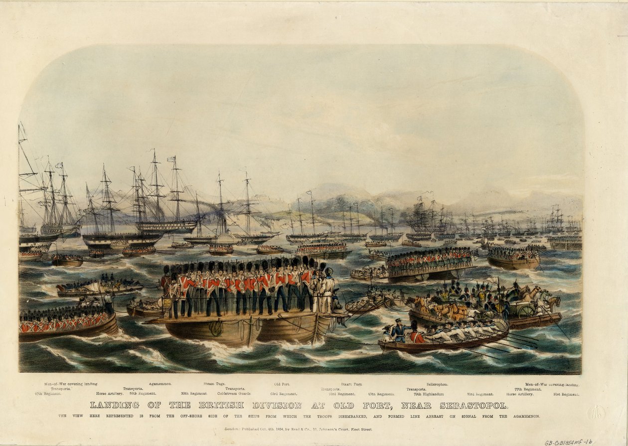 Lądowanie dywizji brytyjskiej w Starym Forcie, niedaleko Sewastopola, 1854 autorstwa Unbekannt