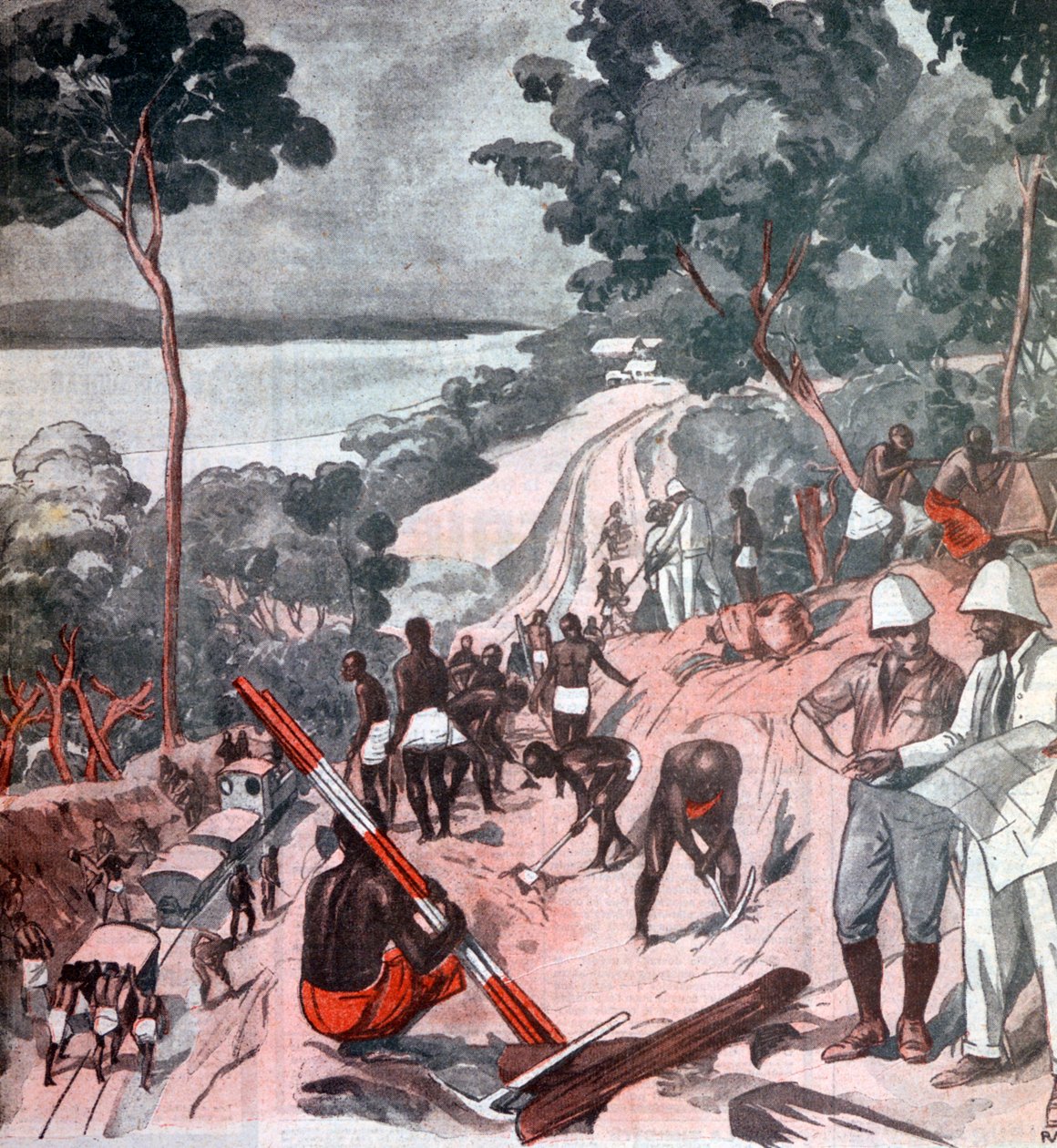 Układanie torów kolejowych pod równikowym słońcem, Brazzaville, Kongo, 1924 autorstwa Unbekannt
