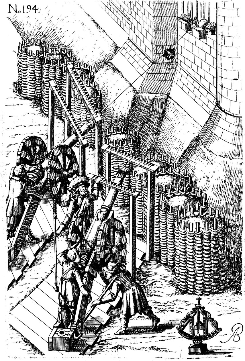 Nałożenie kanonu oblężniczego na cel, z maszyny Le Diverse et artificiose, 1620 autorstwa Unbekannt