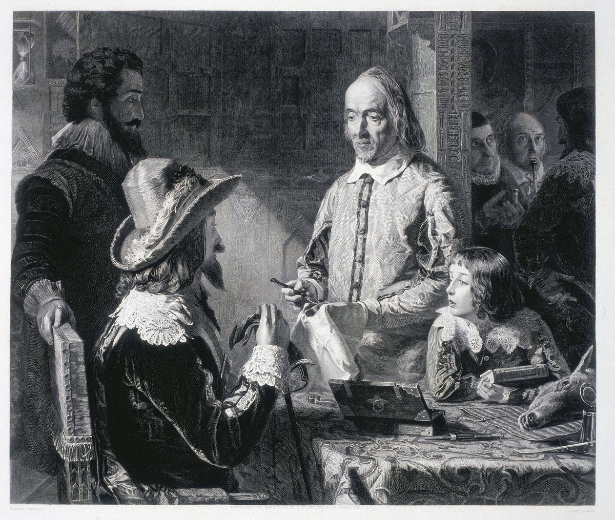 Angielski lekarz William Harvey (1578-1637) przedstawiający królowi Karolowi I Stuartowi (1600-1649) teorię krążenia krwi autorstwa Unbekannt