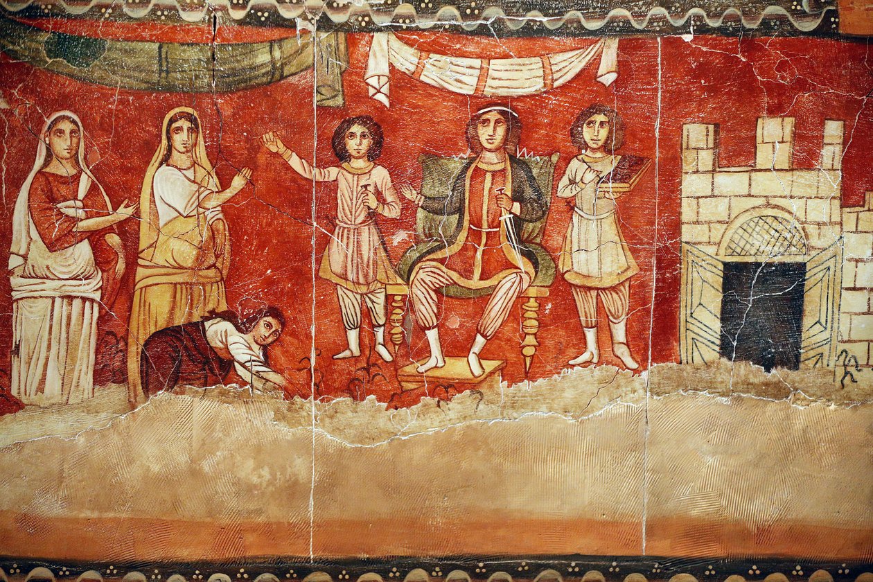 Faraon i dzieciństwo Mojżesza, fresk z Synagogi w Doura (Dura) Europos, 244-245, przechowywany w Muzeum Narodowym w Damaszku. Zdjęcie wykonane w Muzeum Żydowskim w Nowym Jorku podczas wystawy. autorstwa Unbekannt