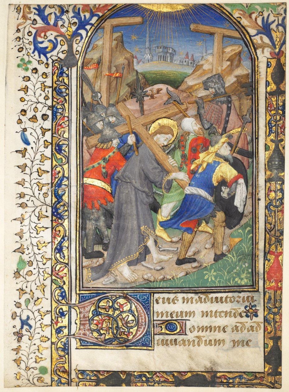 Liść wycięty z Tarleton Hours: Chrystus niosący krzyż Terce, Urząd Najświętszej Maryi Panny, ok. godz. 14 autorstwa Unbekannt