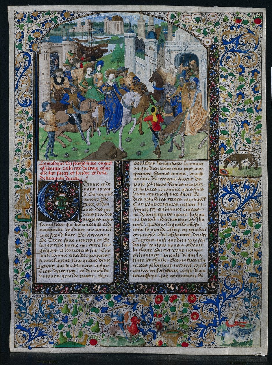 Kartka z Kroniki uniwersalnej Jehana de Courcys: Król Priam spotyka Helenę i Paryż..., c. 1470. autorstwa Unbekannt