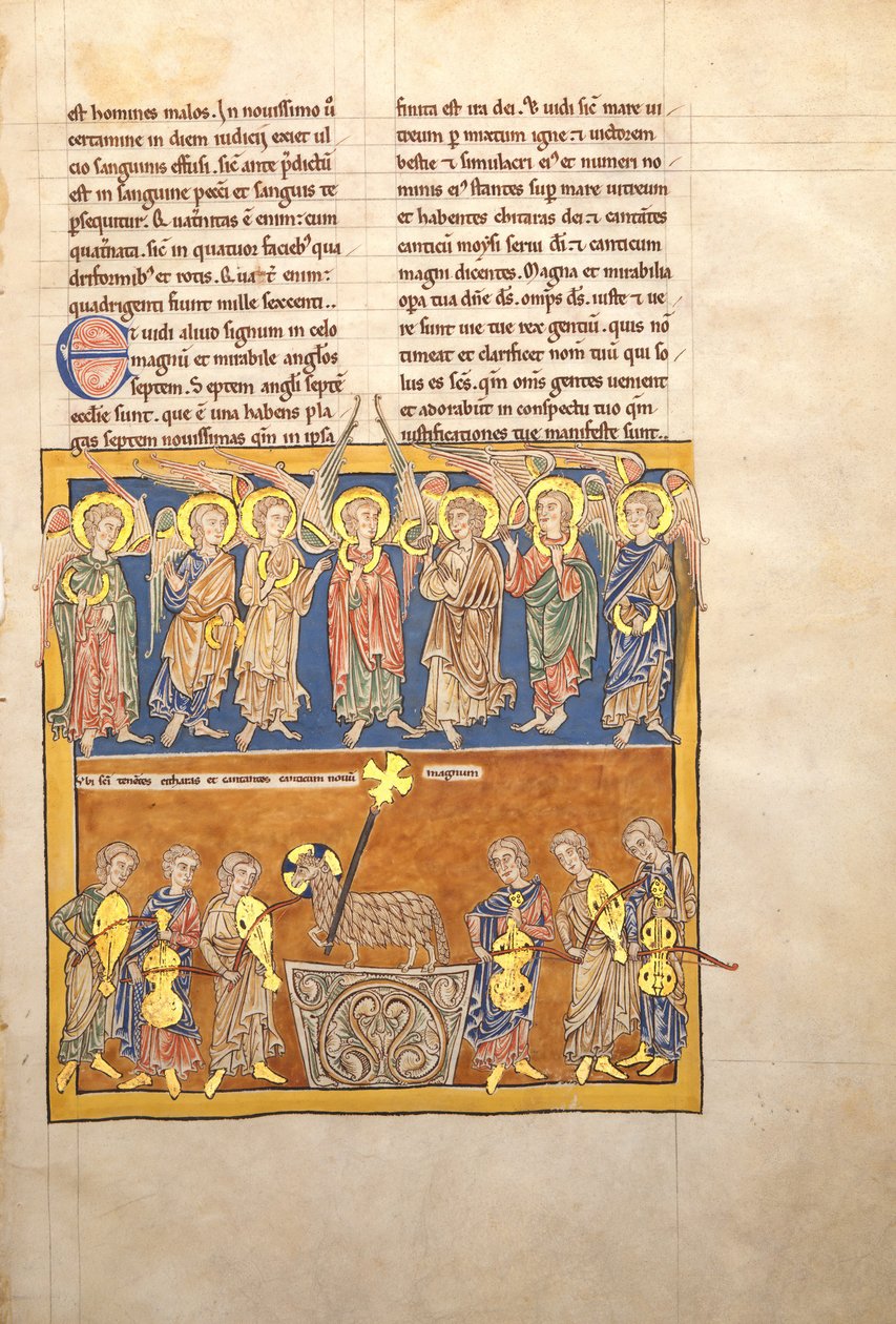 Kartka z rękopisu Błogosławionego: Siedmiu aniołów trzyma kielichy siedmiu ostatnich plag..., ca. 1180. autorstwa Unbekannt