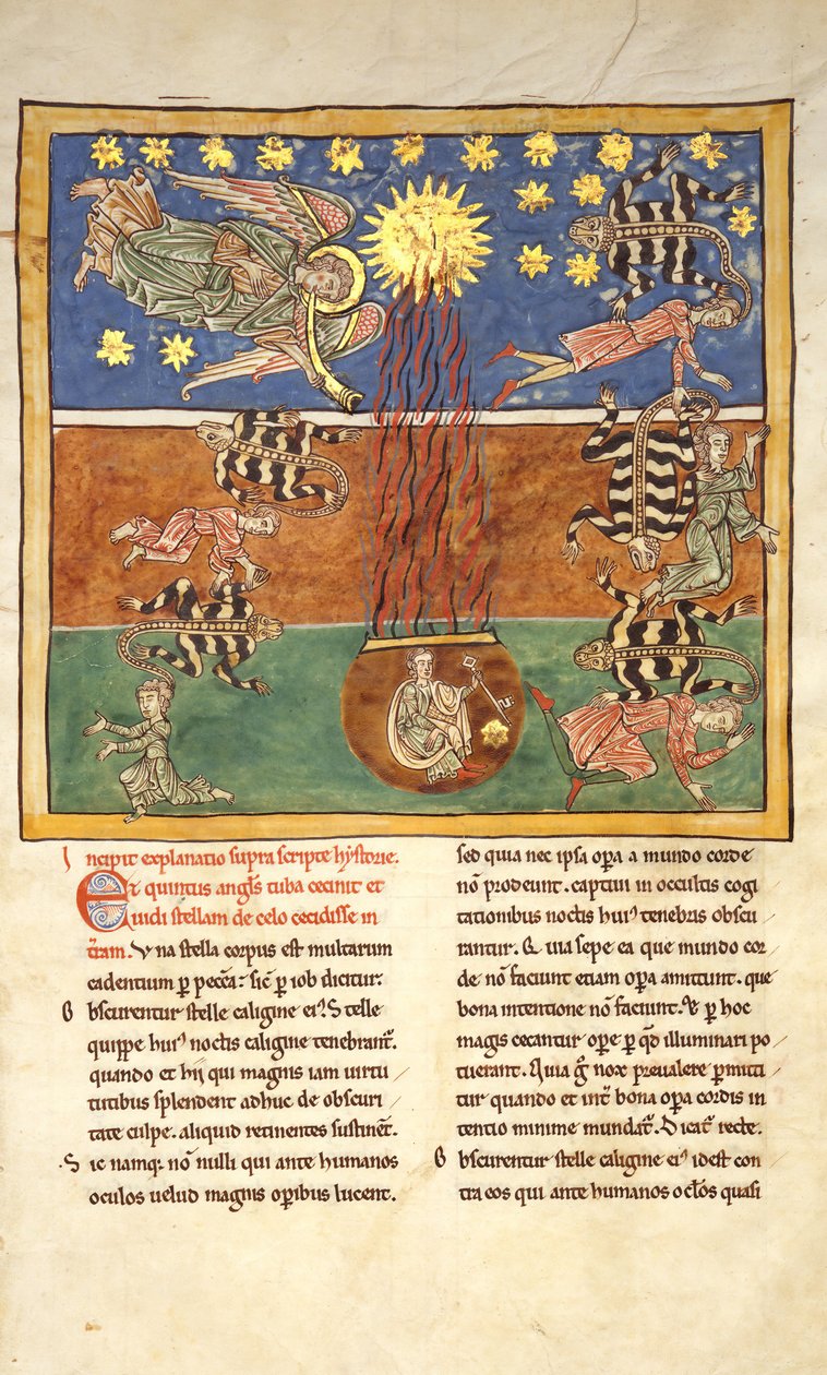 Kartka z rękopisu Beatusa: przy Clarion of V Angels Trąb..., ca. 1180. autorstwa Unbekannt