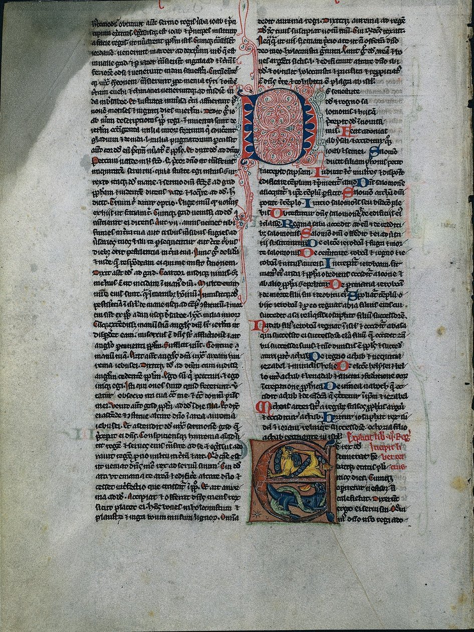Liść z Biblii: Inicjał E: Splecione lwy i węże 1 z 2 wyciętych liści 1225-50. autorstwa Unbekannt