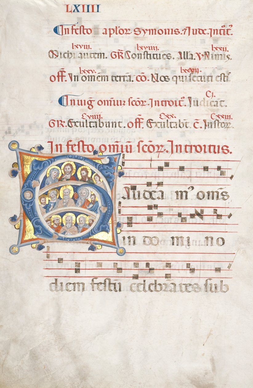 Kartka z Graduału: Inicjał G z Chrystusem, Dziewicą i Apostołami, c. 1300. autorstwa Unbekannt