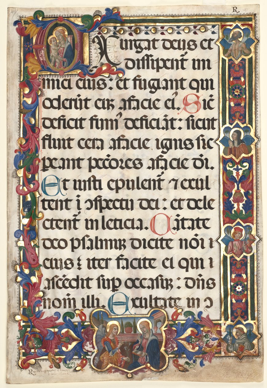 Liść z psałterza z pełną ramką z medalionami Zwiastowania, SS. Hieronim, Klara..., 1475. autorstwa Unbekannt