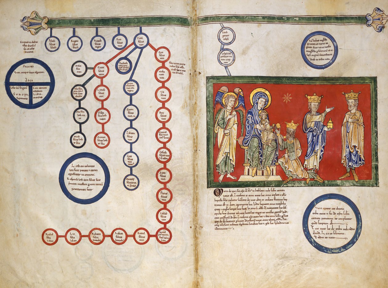Karty z Rękopisu Beatusa: Bifolium z fragmentem Genealogii Chrystusa...ok. 1180. autorstwa Unbekannt