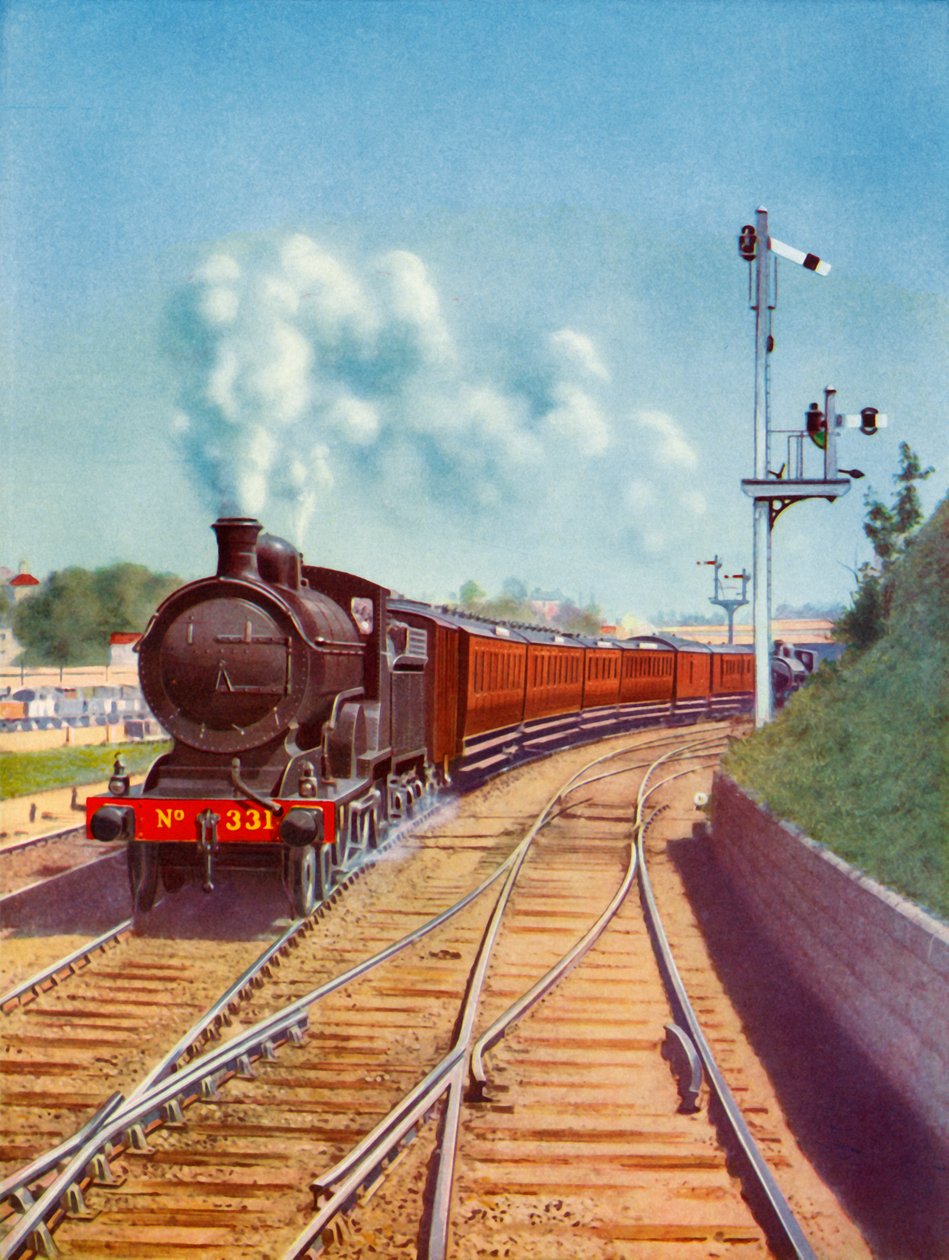 Wyjazd z Dublina. Pociąg Great Southern Railways, ciągnięty przez ekspres pasażerski 4-4-0, 1935. autorstwa Unbekannt