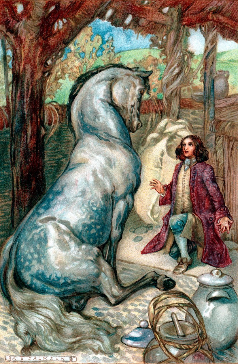 Lemuel Gulliver, wyrzucony na brzeg po buncie, trafia do królestwa Houyhnhnów autorstwa Unbekannt