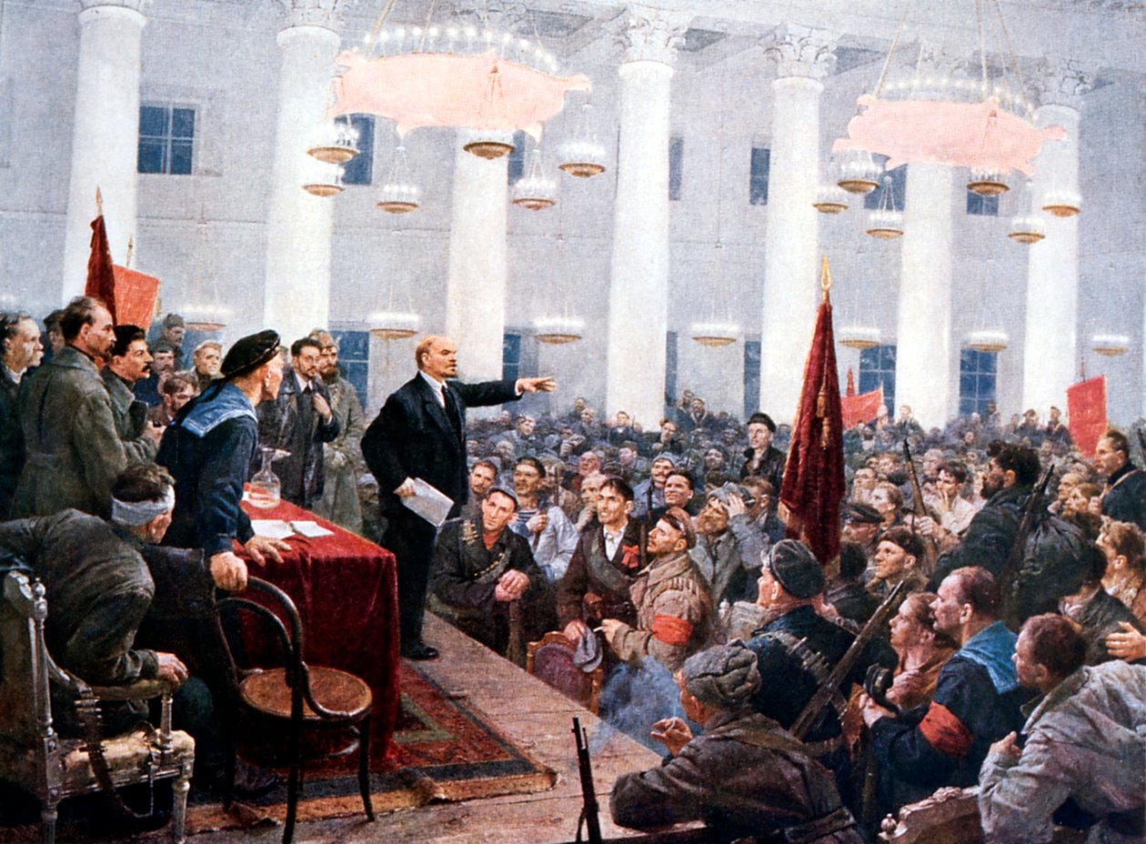 Lenin przemawiający do posłów II Kongresu Radzieckiego, Pałac Smolny, Petersburg, 1917 autorstwa Unbekannt