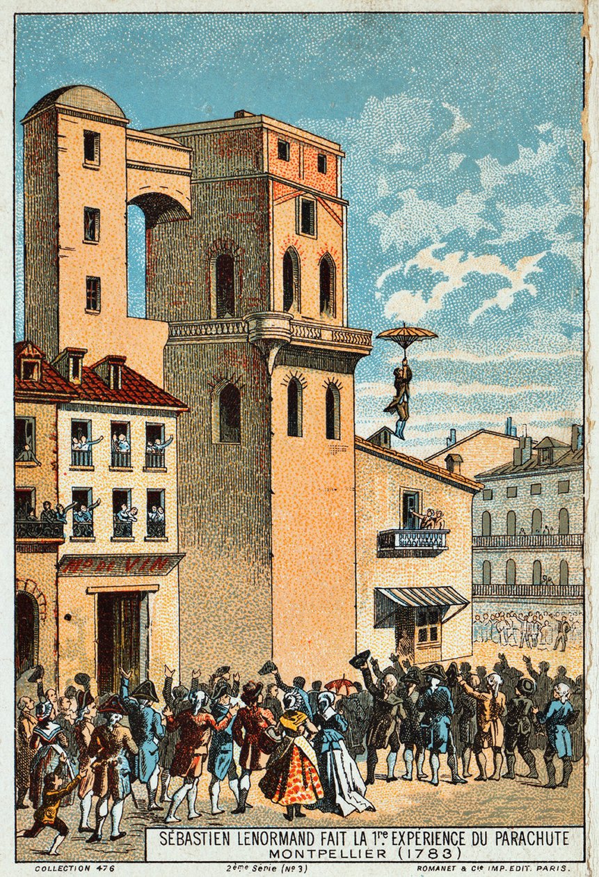 Lenormand skacze z wieży obserwatorium Montpellier, 1783, XIX wiek autorstwa Unbekannt