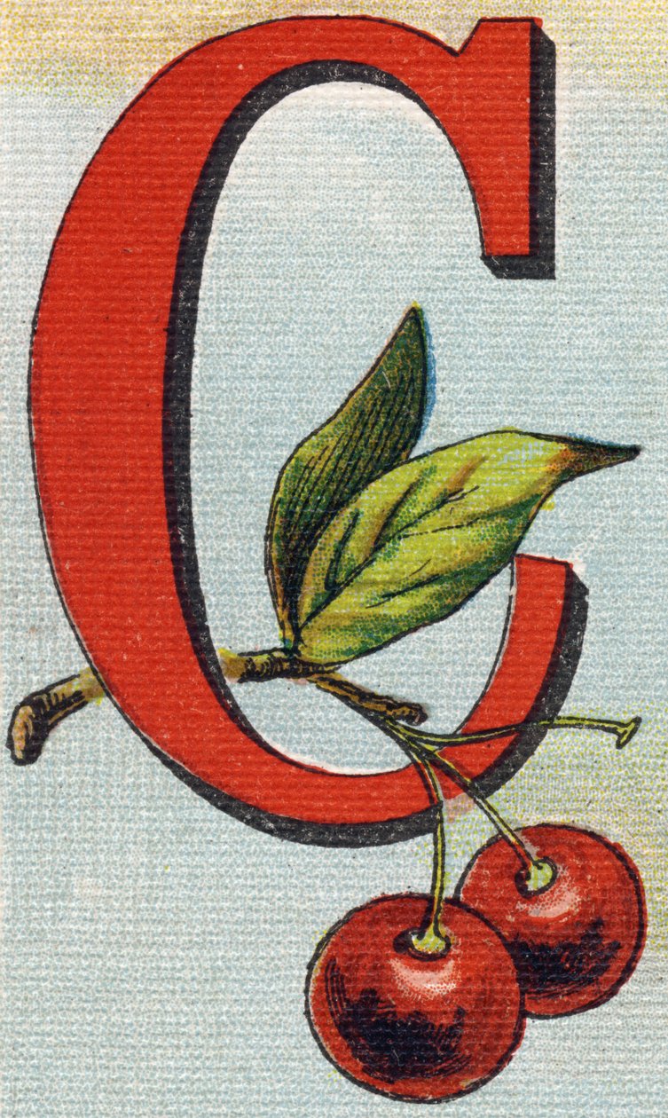 Litera C: wiśnie. Grawerowanie w "Alfabet de ma petite fille". Bernardin-Bechet i Fils, księgarz-wydawnictwo, Paryż, ok. 1895. Niezniszczalny album na płótnie. Bibliotheque des Bebes. 12 stron. Album zawierający sposób czytania i ilustracyjny abece autorstwa Unbekannt