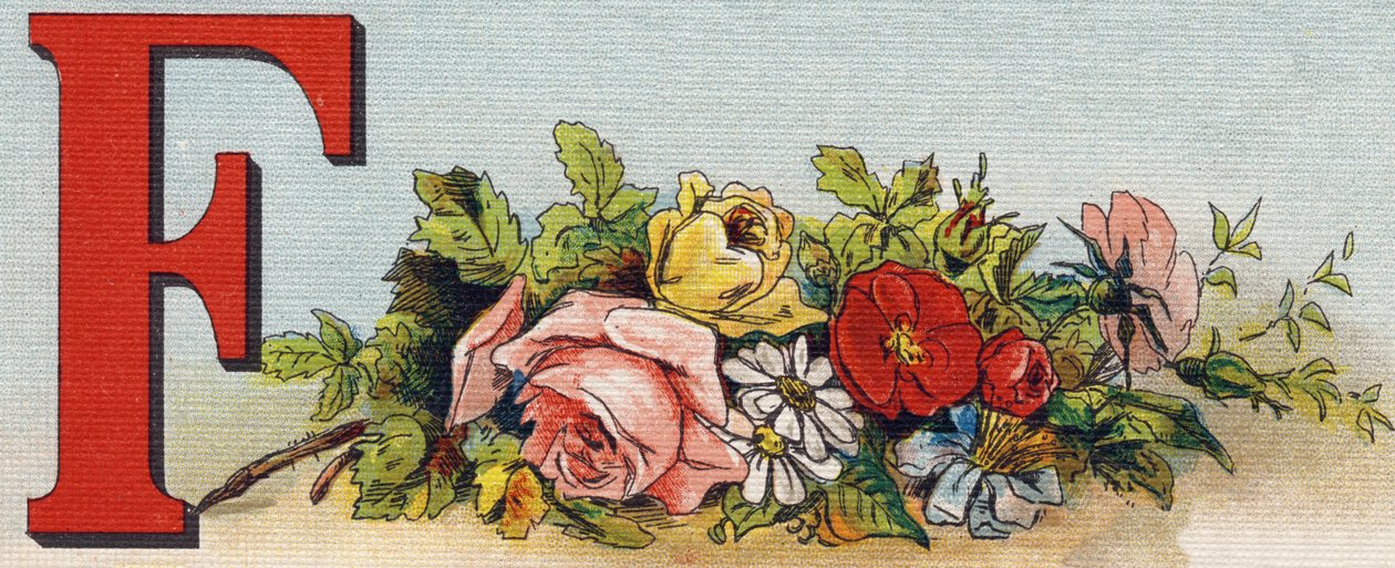 Litera F: kwiaty. Grawerowanie w "Alfabet de ma petite fille". Bernardin-Bechet i Fils, księgarz-wydawnictwo, Paryż, ok. 1895. Niezniszczalny album na płótnie. Bibliotheque des Bebes. 12 stron. Album zawierający sposób czytania i ilustracyjny abeced autorstwa Unbekannt