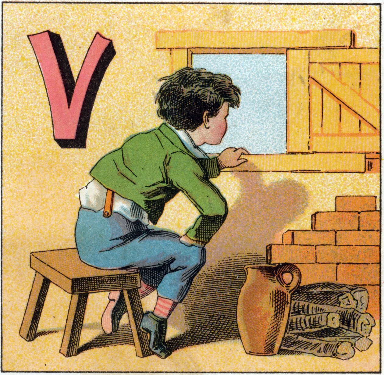 Litera V jako vasistas. Ciekawe dziecko patrząc przez okno. Grawer w „Alphabet des petits ecoliers”. Obraz Epinal, ok. 1885. Kolekcja Privee autorstwa Unbekannt