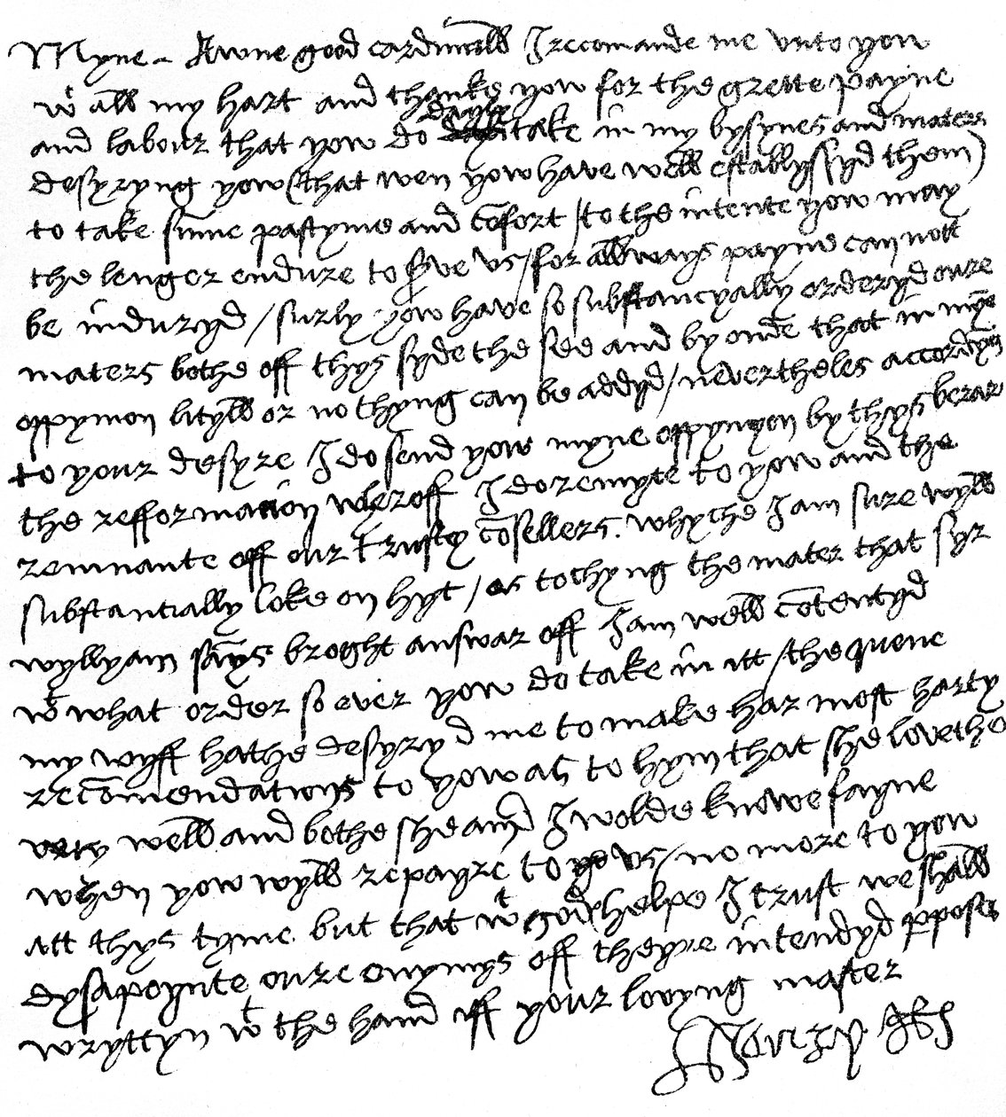 List króla Henryka VIII do kardynała Wolseya („Mój dobry kardynał”), w którym dziękuje mu za jego ciężką pracę, zachęca go do „rozrywki i pociechy” i wysyła przyjazne wiadomości od swojej żony, królowej Katarzyny Aragonii, ok. 1518 r. ( pióro i atrament na autorstwa Unbekannt
