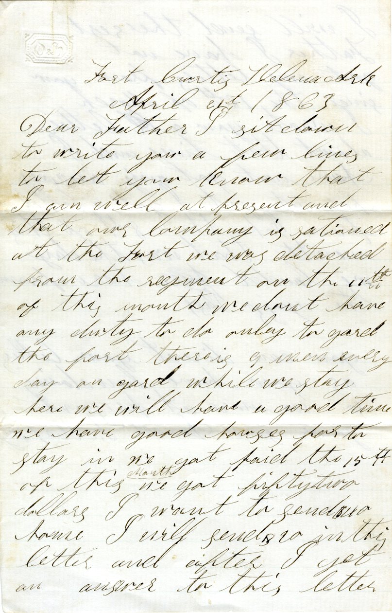 List podpisany David T. Massey, Fort Curtis, Helena, Ark., do ojca (Nathan Massey), 21 kwietnia 1863 autorstwa Unbekannt