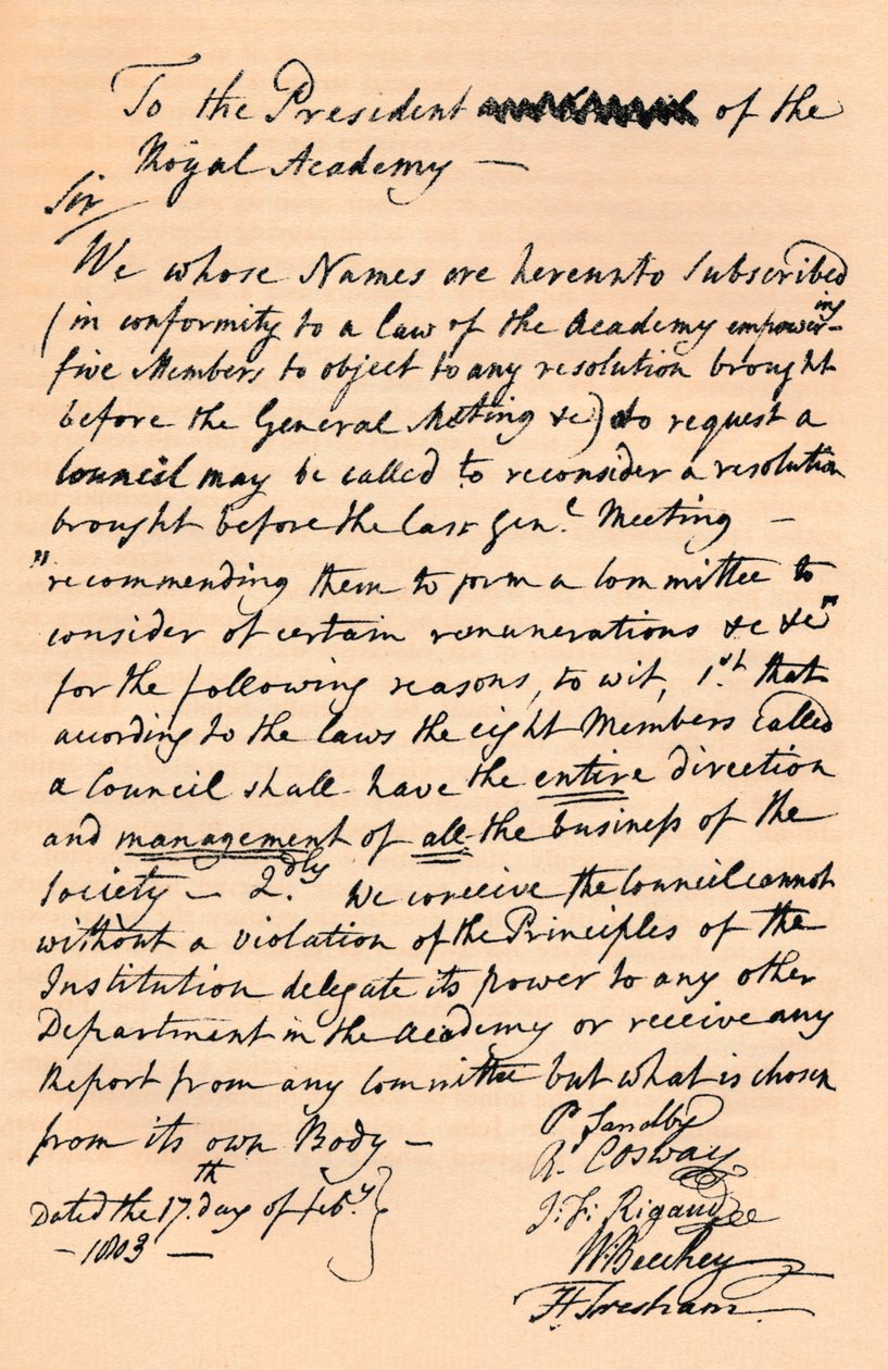 List do Benjamina Westa, prezesa Akademii Królewskiej, 1803 1904 autorstwa Unbekannt