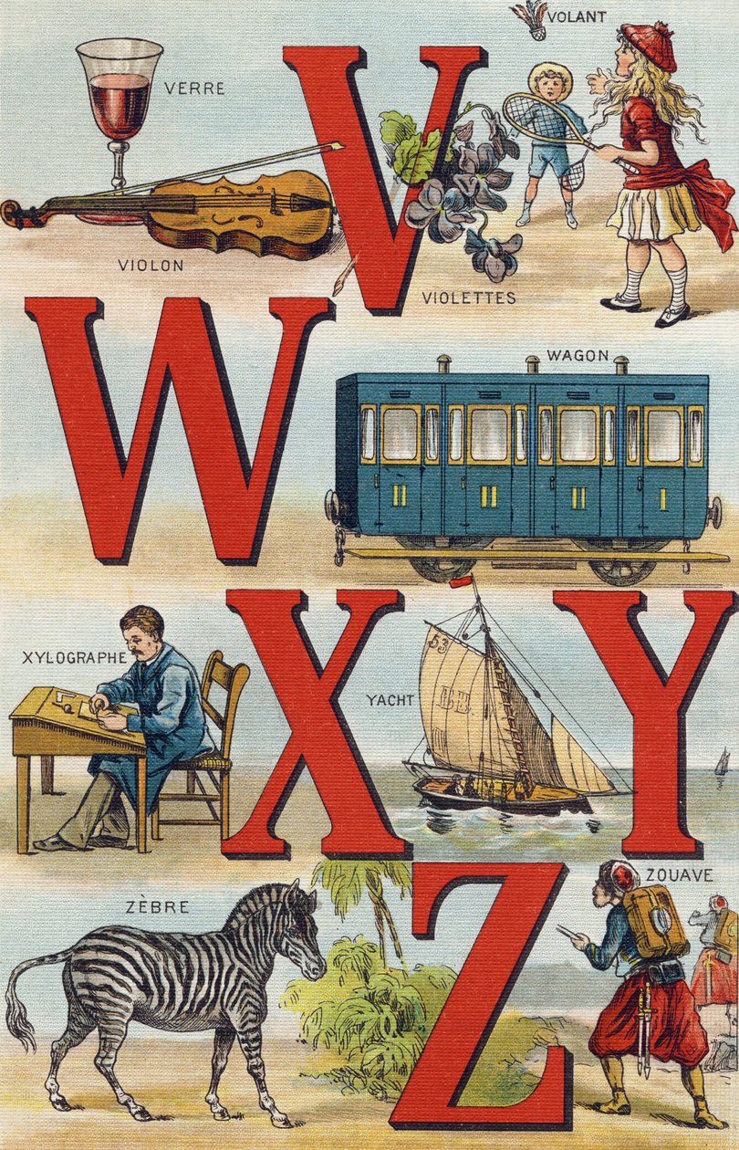Litery V W X Y Z; kierownica; Samochód; Drzeworyt; Jacht; Zebra; Żuav. Grawerowanie w „Alfabet mojej wnuczki”. Bernardin-Bechet i Fils, księgarz-wydawnictwo, Paryż, ok. 1895. Niezniszczalny album na płótnie. Biblioteka dla dzieci. 12 stron. Albu autorstwa Unbekannt