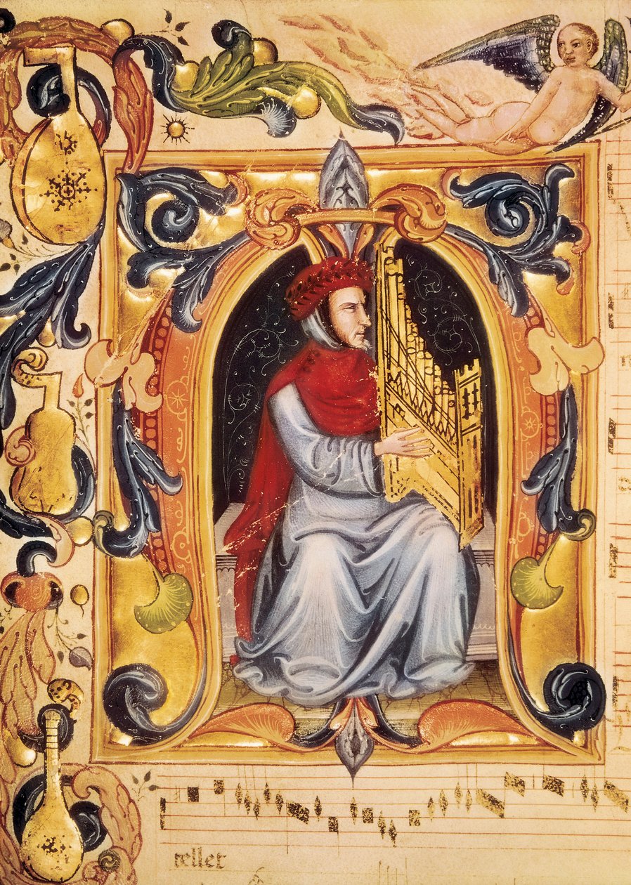 Lettryna z mężczyzną i organami rozpoczynająca partyturę z Codex Squarcialupi (autorstwa Antonio Squarcialupi autorstwa Unbekannt