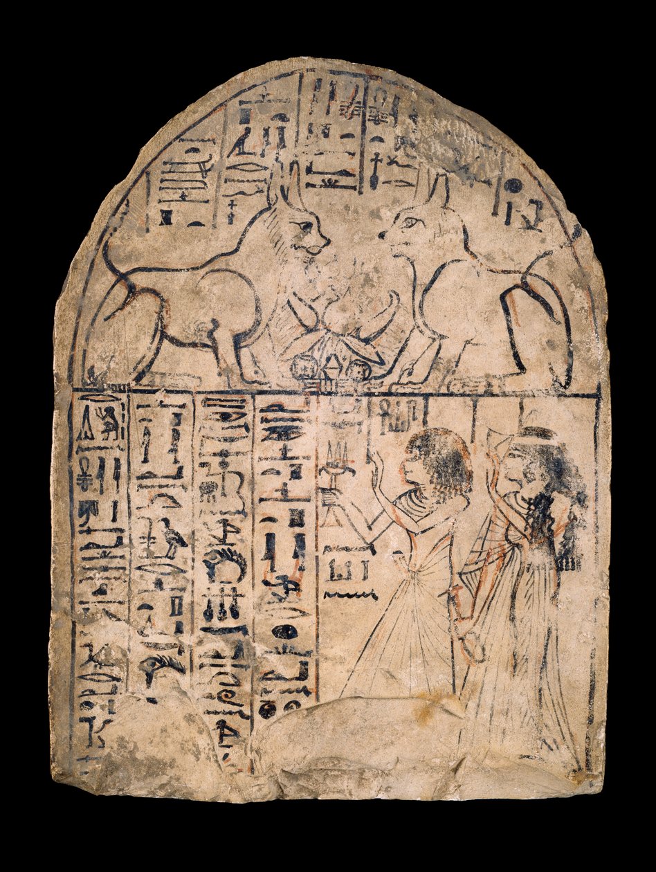 Stela wapienna przedstawiająca kult boskich kotów Re i Atum, XIX dynastia c1292-c1190 autorstwa Unbekannt