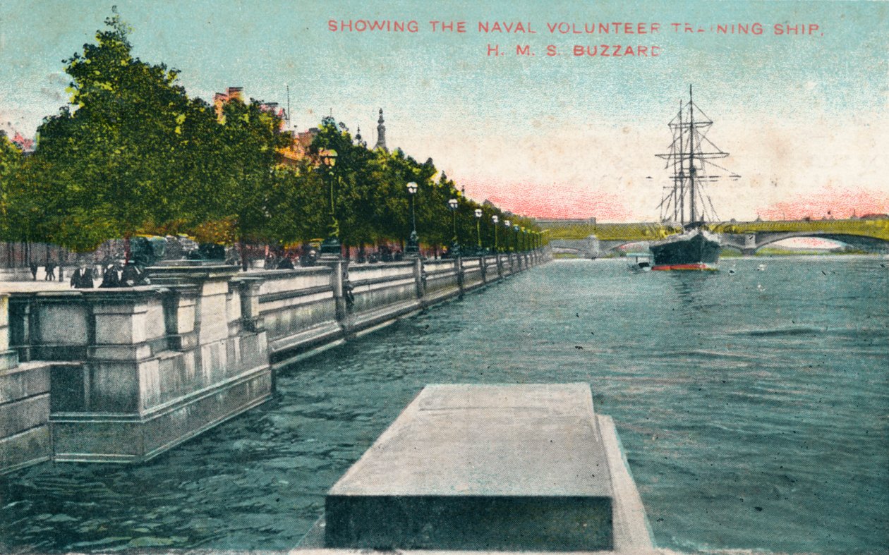 Londyn, Thames Embankment – pokazuje statek szkoleniowy ochotników marynarki wojennej, H.M.S. Myszołów, 1907 autorstwa Unbekannt